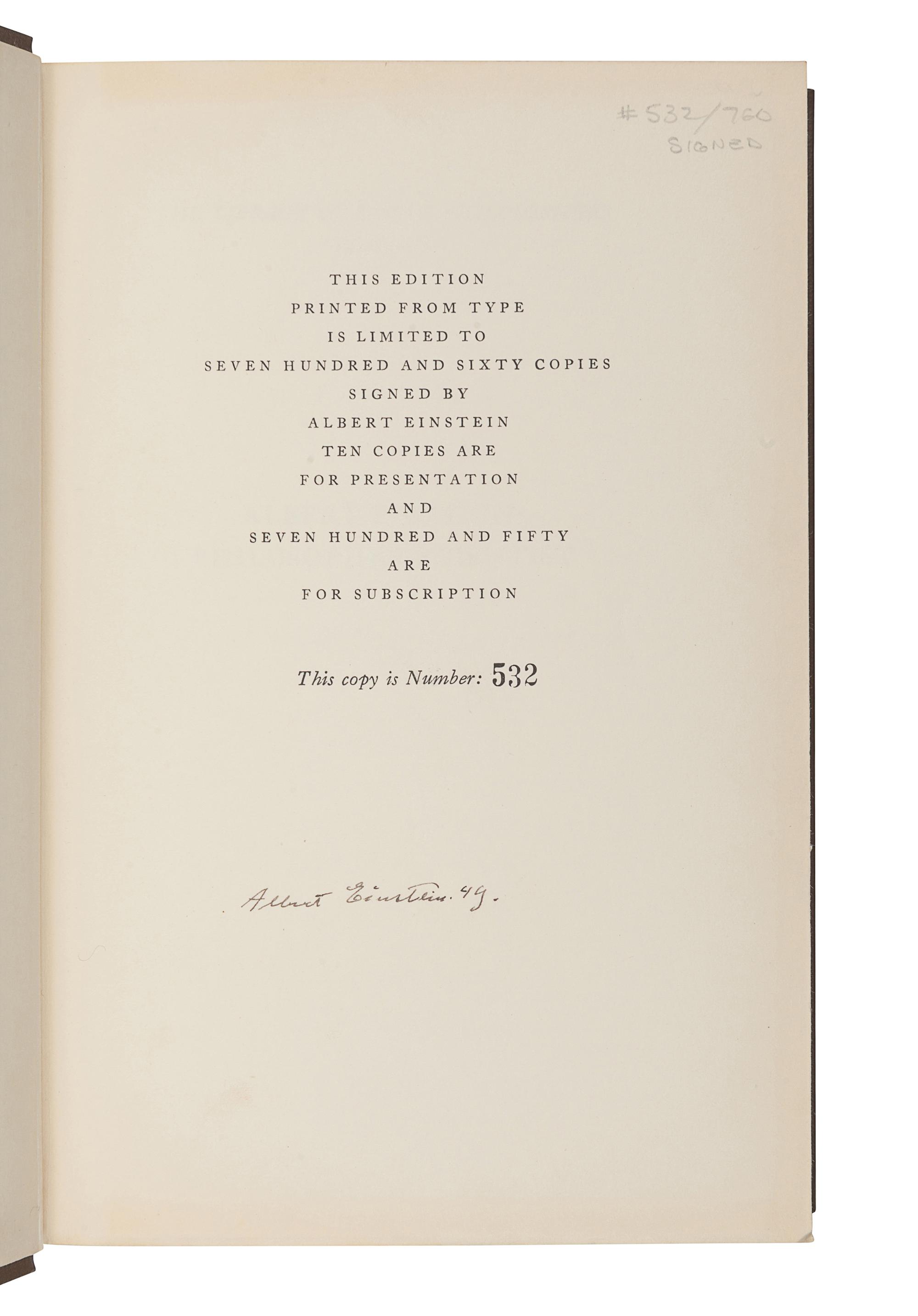 EINSTEIN, Albert (1879-1955). Albert Einstein: Philosopher-Scientist . Edited by Paul Arthur Schilpp. Evanston: Library of Living Philosophers, 1949.
