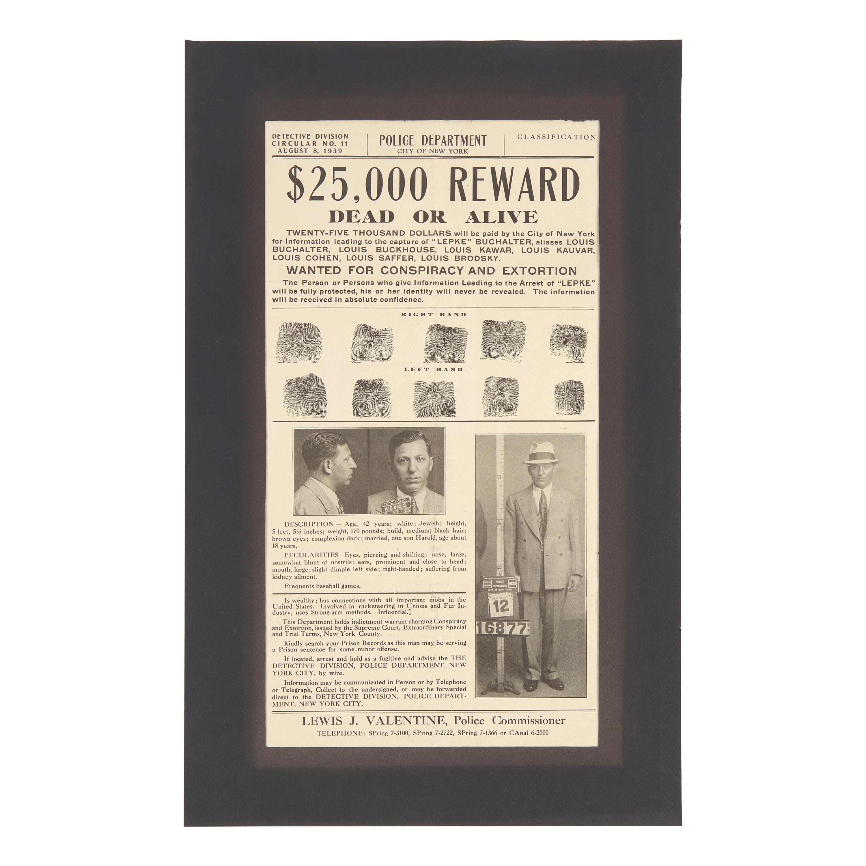 [Gangsters] (Buchalter, Lepke) Original NYPD $25,000 Reward Poster for a Jewish Gangster