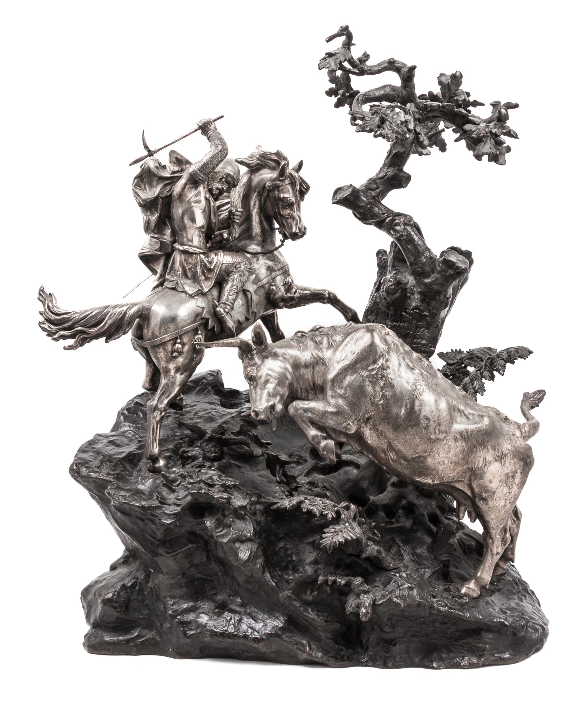 A Continental Patinated and Silvered Bronze Figural Group, (Likely French, Late 19th/Early 20th Century), Cavalry Soldier and Bull