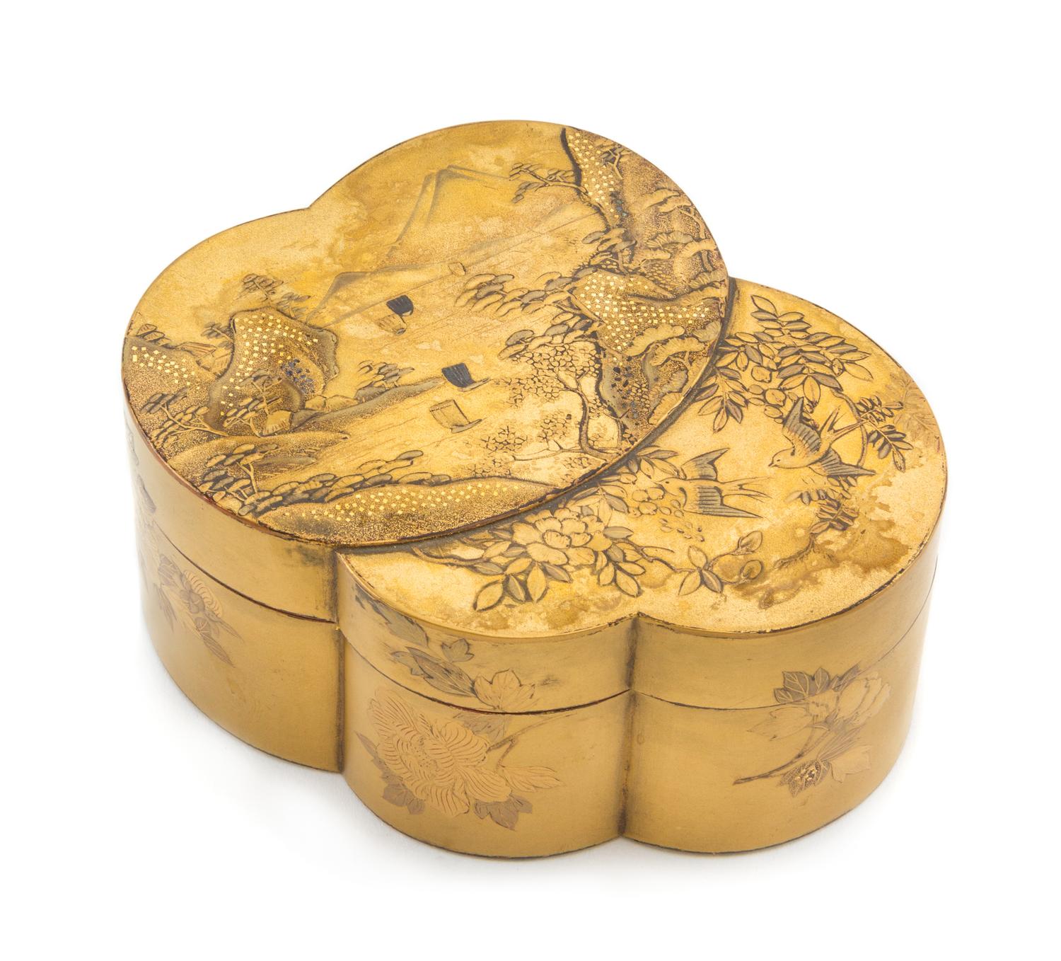 A Gilt Lacquer Double Covered Box Length 4 1/4 inches.