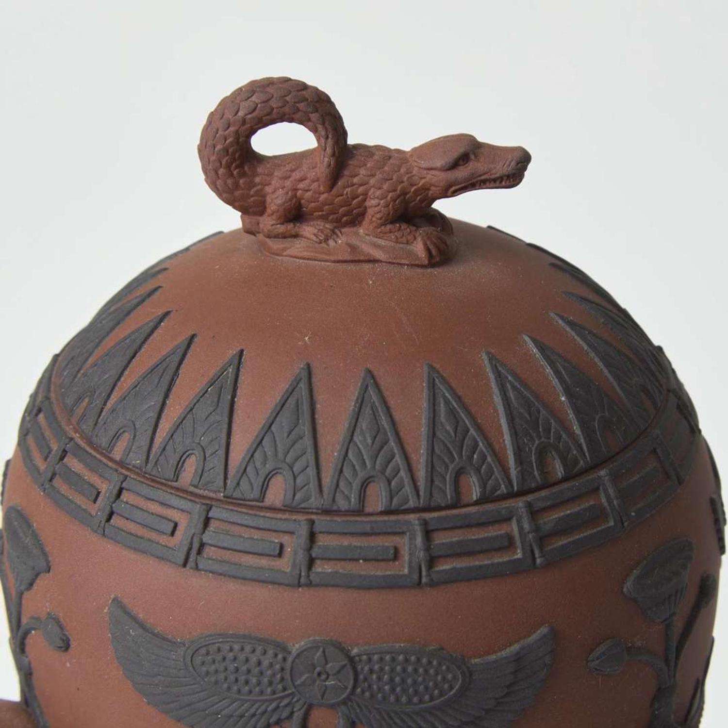 A Wedgwood Chocolate Stoneware Jasperware and Black Basalt Egyptian-Style Pastille Burner UK, circa 1875