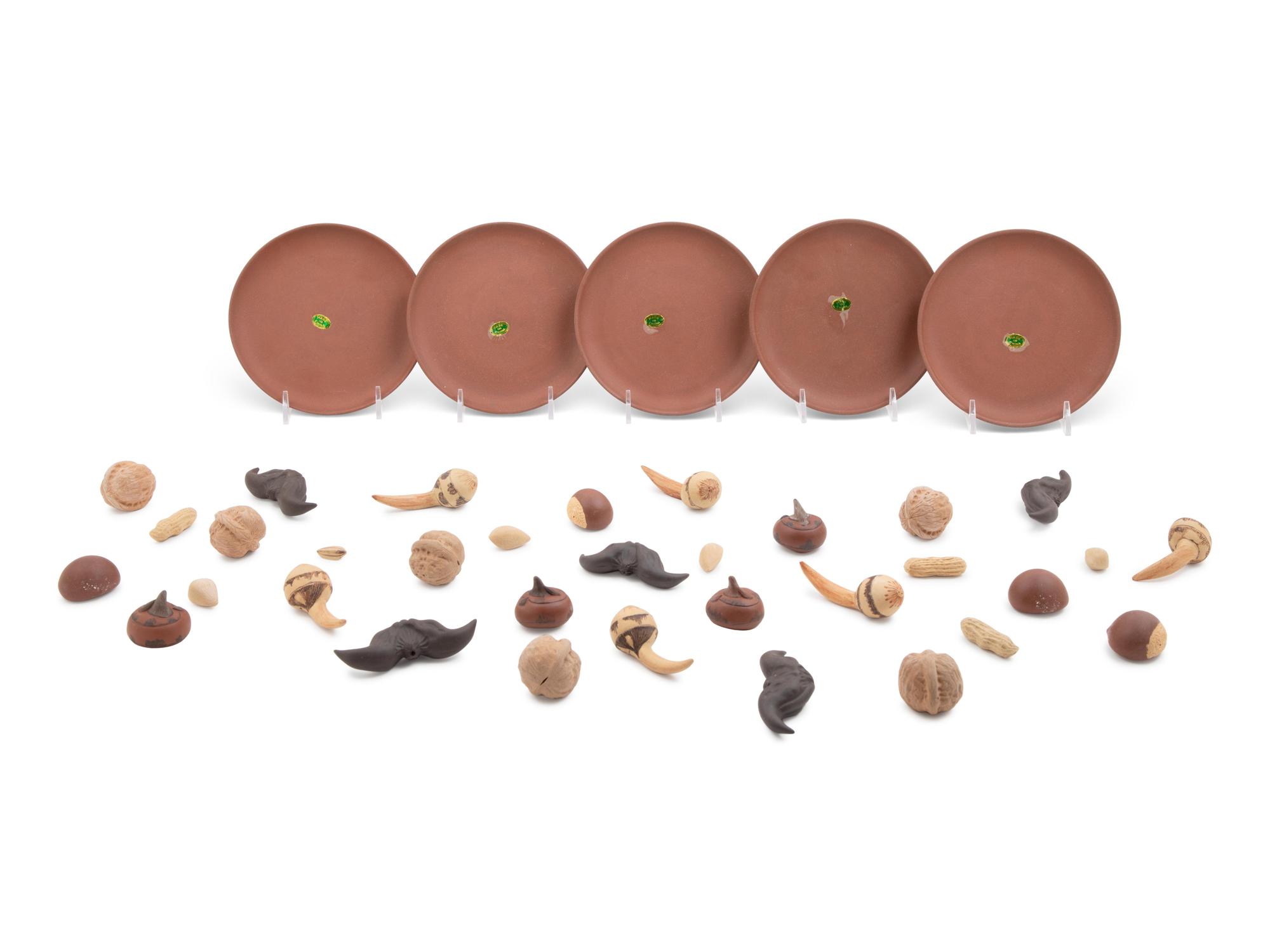 Three Chinese Yixing Pottery Models of Fruits and Undertrays