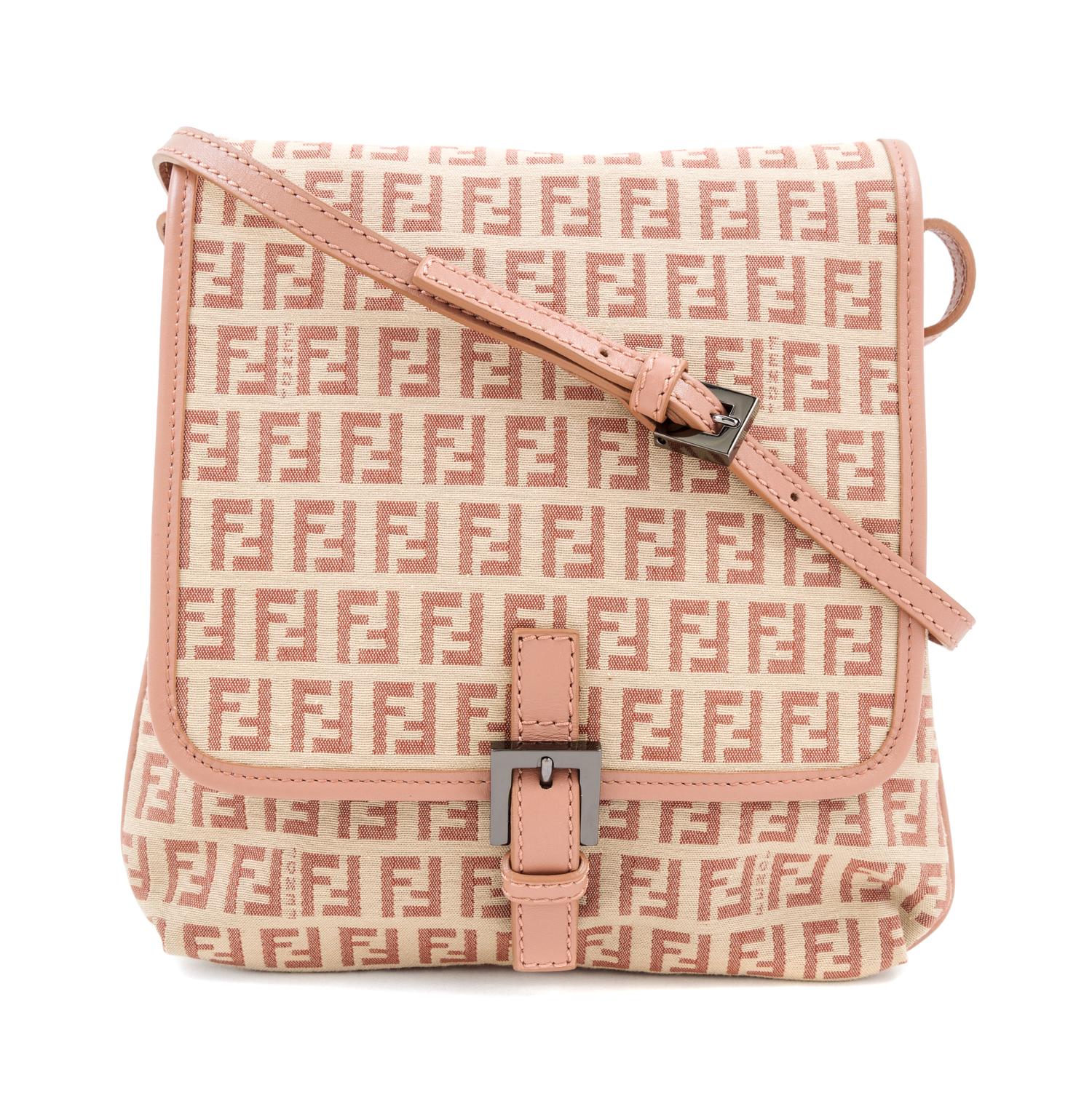 A Fendi Peach and Beige Monogram Canvas Cross Body Bag, 9" x 9" x. 5"; Strap drop: 20".