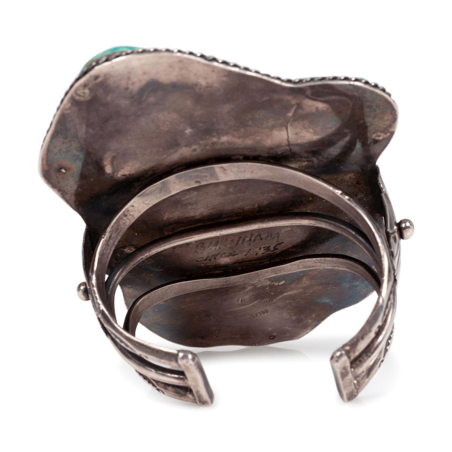 Large Navajo Silver Cuff Bracelet, with Turquoise Nuggets and Branch of Coral
