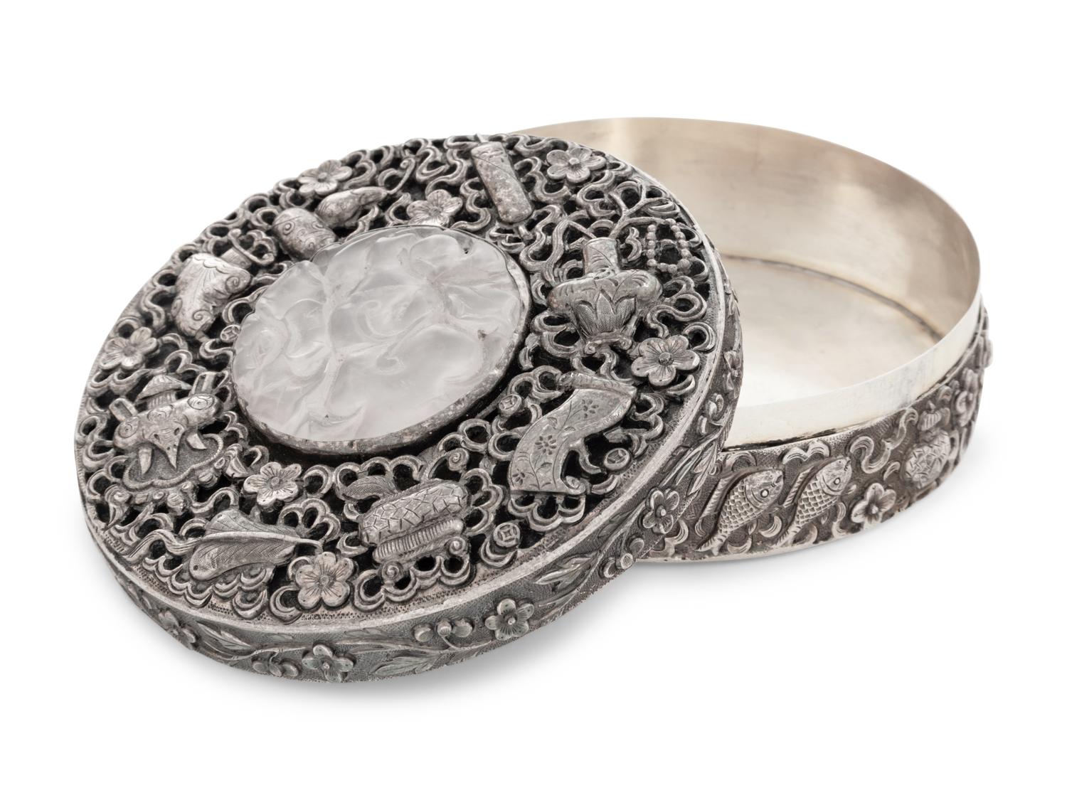 A Chinese Export Rose Quartz Inset Silver Covered Box
