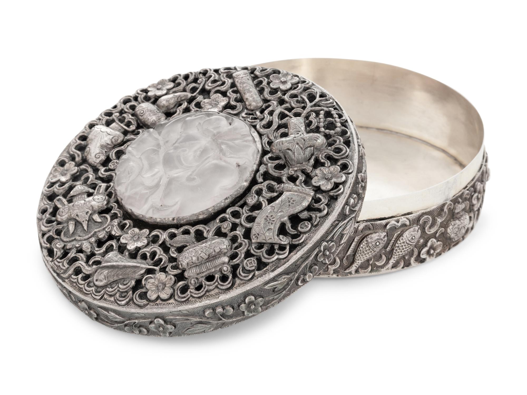 A Chinese Export Rose Quartz Inset Silver Covered Box