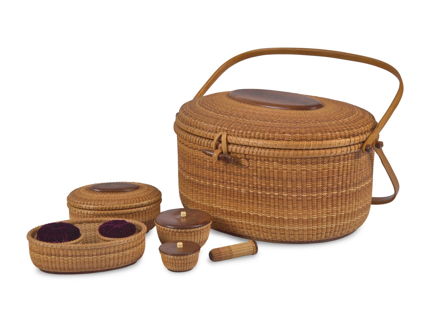 A Nantucket Style Lightship Sewing Basket With Accessories, By Darryl and Karen Arawjo, Bushkill, PA, Dated "1994"