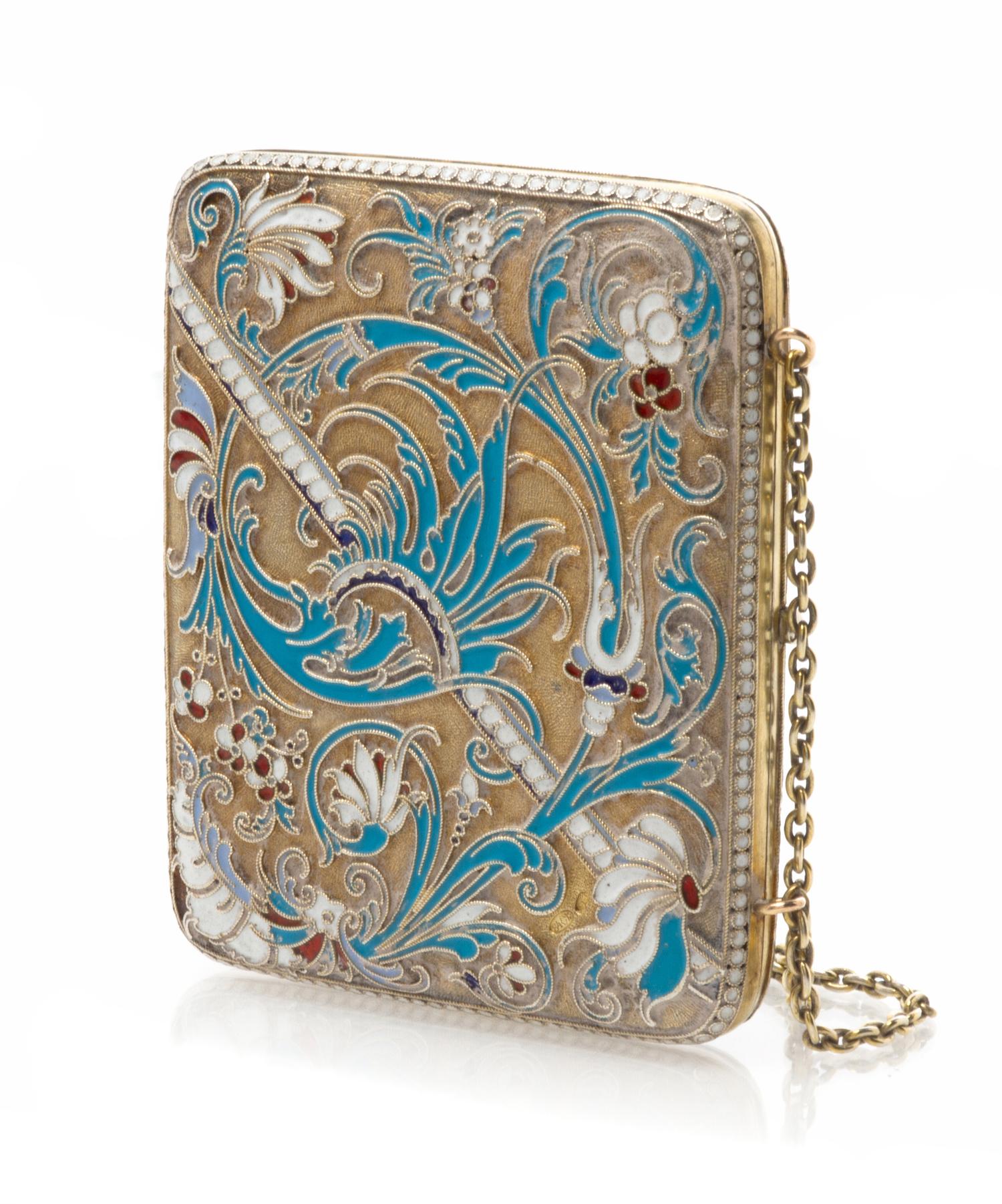 A Russian Enameled Silver Cigarette Case, Mark of Vasilii Agafonov, kokoshnik mark of Ivan Lebedkin, Moscow, the case decorated with fl