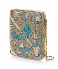 A Russian Enameled Silver Cigarette Case, Mark of Vasilii Agafonov, kokoshnik mark of Ivan Lebedkin, Moscow, the case decorated with fl