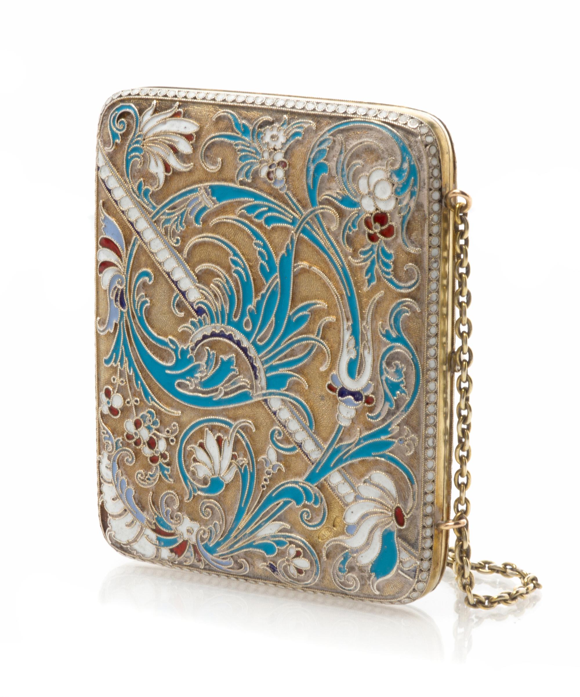 A Russian Enameled Silver Cigarette Case, Mark of Vasilii Agafonov, kokoshnik mark of Ivan Lebedkin, Moscow, the case decorated with fl