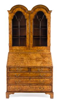 A Queen Anne Style Burlwood Secretary Desk Height 91 x width 44 x depth 23 inches. — 20TH CENTURY