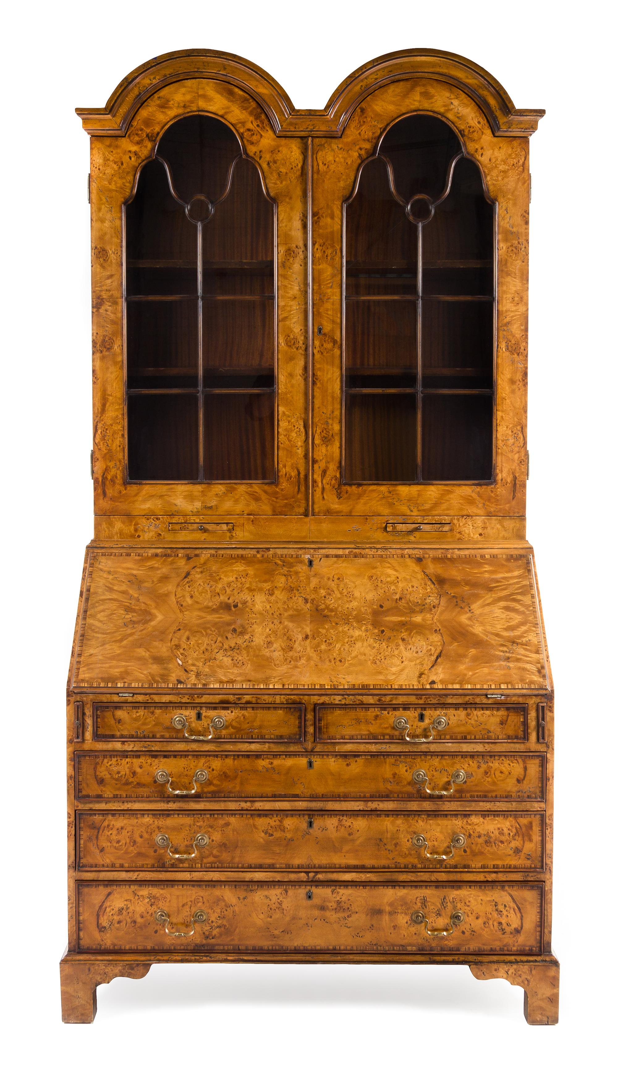 A Queen Anne Style Burlwood Secretary Desk Height 91 x width 44 x depth 23 inches. — 20TH CENTURY