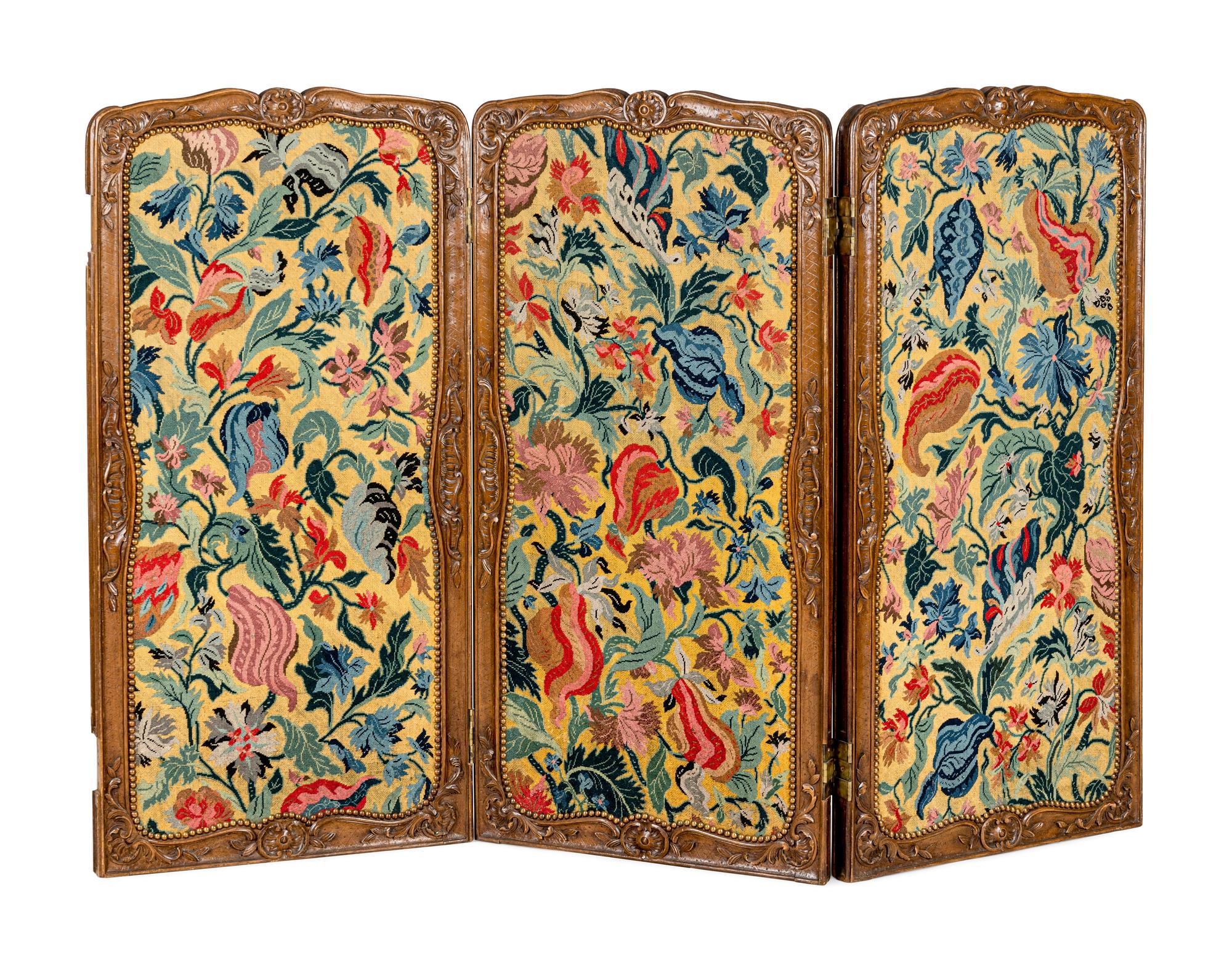 A Louis XV Style Carved Walnut Six-Panel Needlework Inset Screen 19th Century Note: Our specialists have confirmed that this item is over 100 years old.