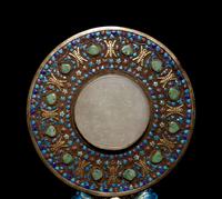 A Jade, Jadeite and Hardstone Inset Filigree and Enameled Hand Mirror