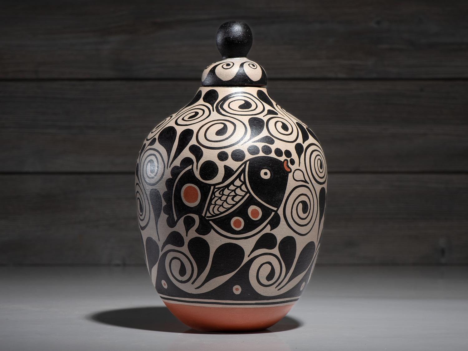 Lidded Pottery Jar, with Fish