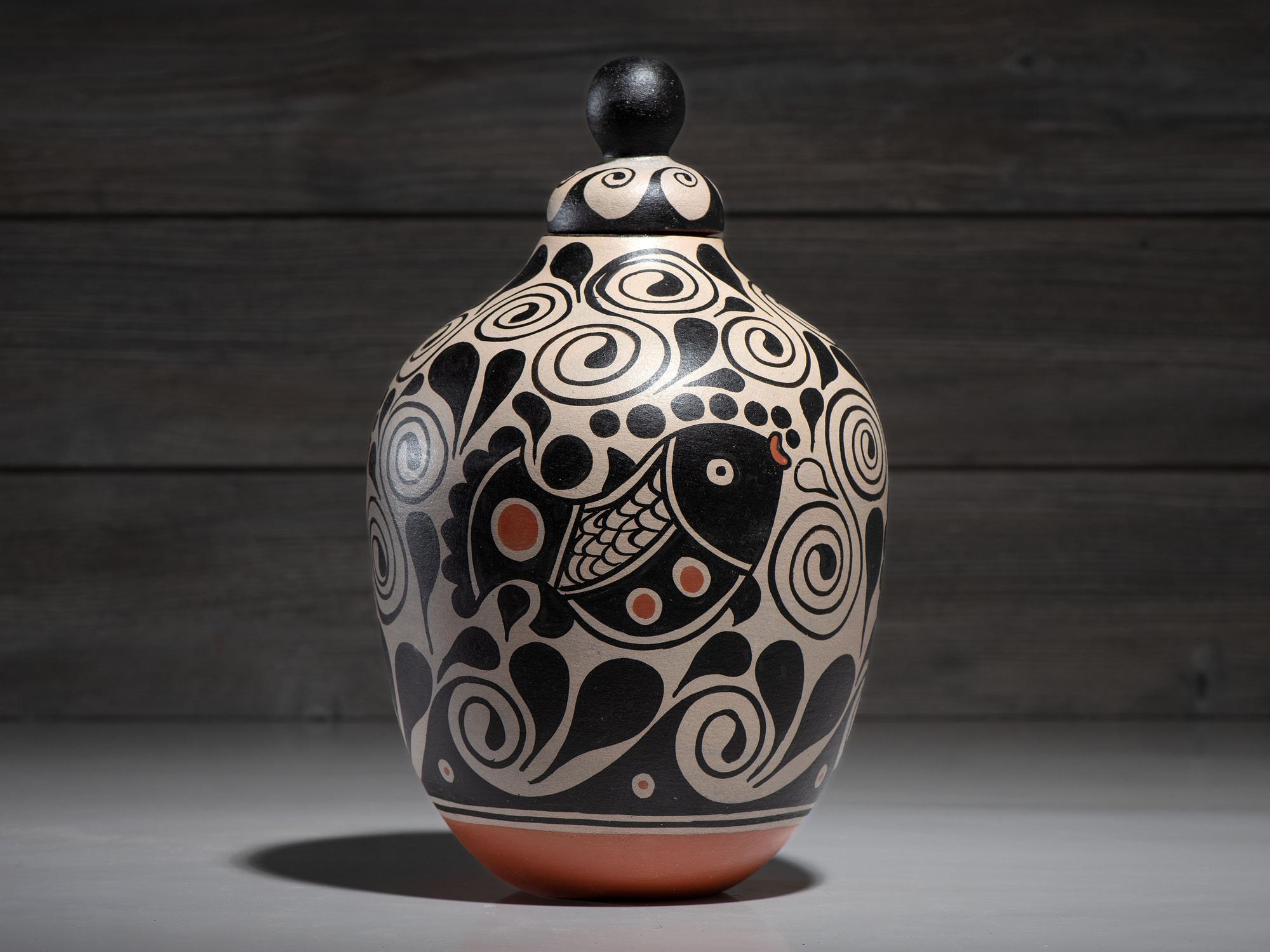 Lidded Pottery Jar, with Fish