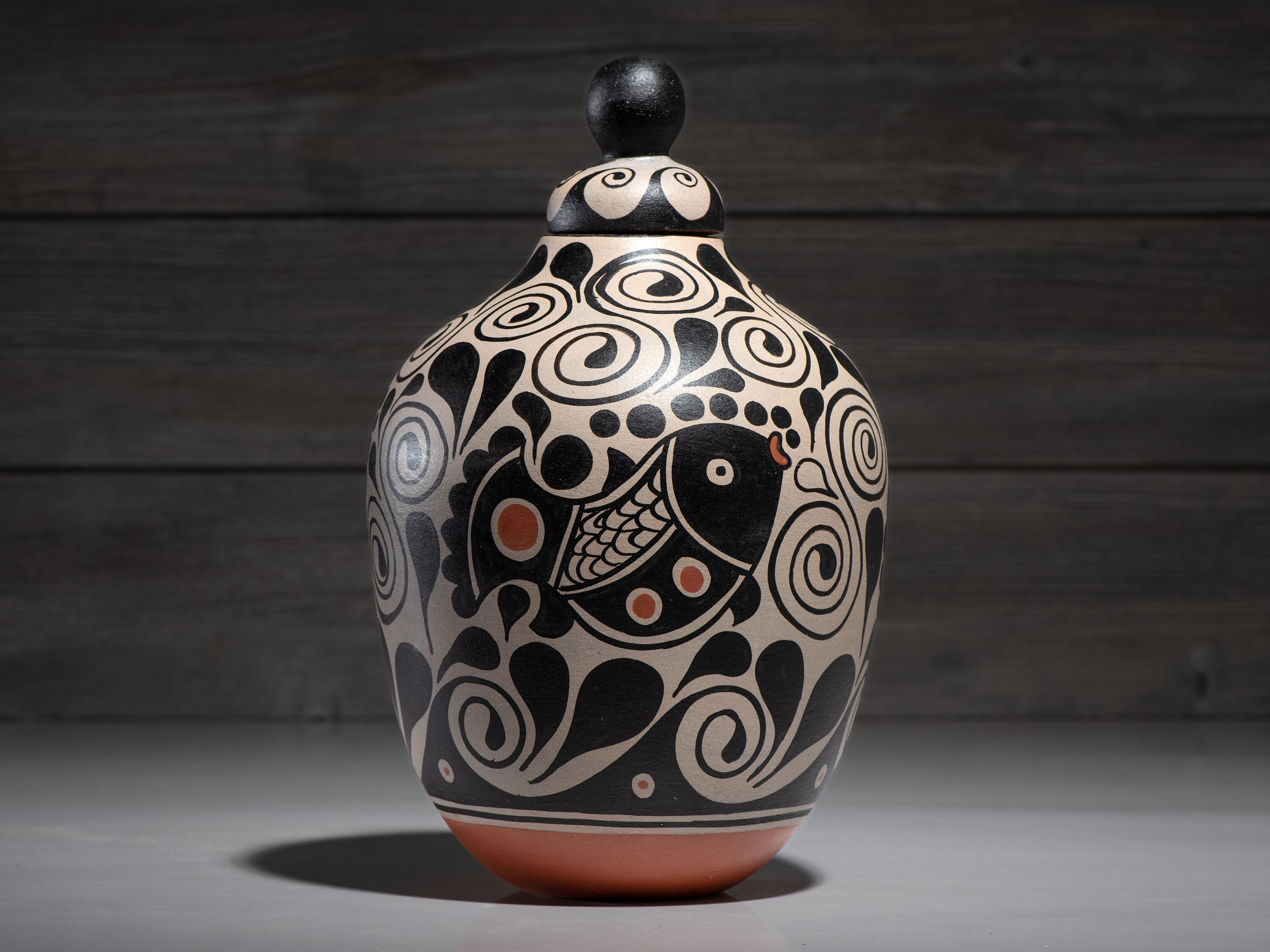 Lidded Pottery Jar, with Fish