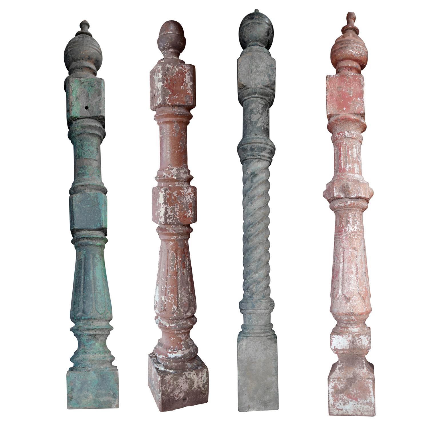 A Set of 4 American Cast Iron Posts 5.5" W x 5.5" D x 44" H, 5.5" W x 5.5" D x 45" H, 4" W x 4" D x 43" H, 5" W x 5" D x 44" H — United States, 20th Century