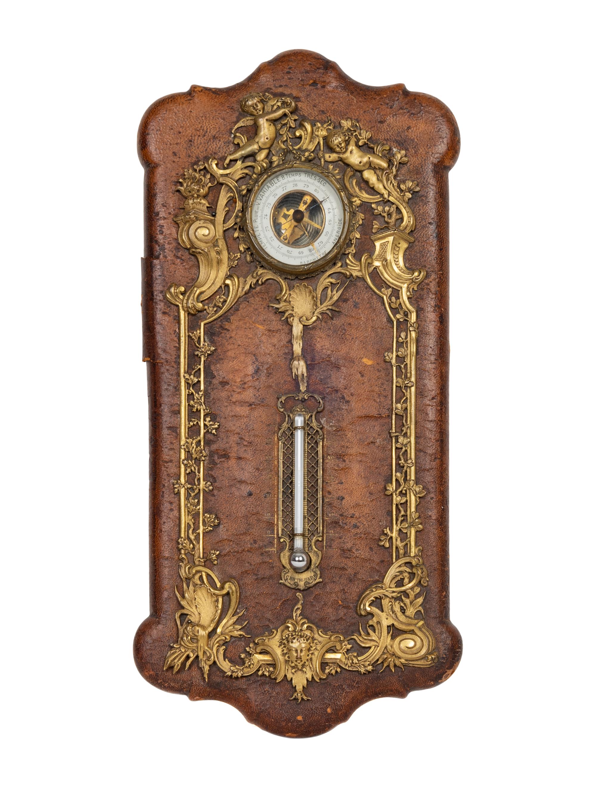A French Gilt Metal and Leather Barometer and Thermometer