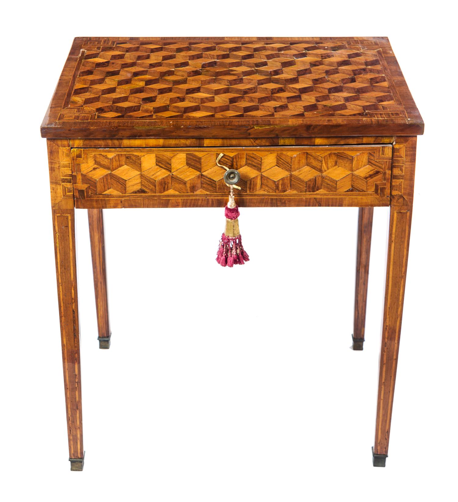 A Transitional Parquetry Side Table Height 29 x width 25 3/4 x depth 19 inches. — EARLY 19TH CENTURY