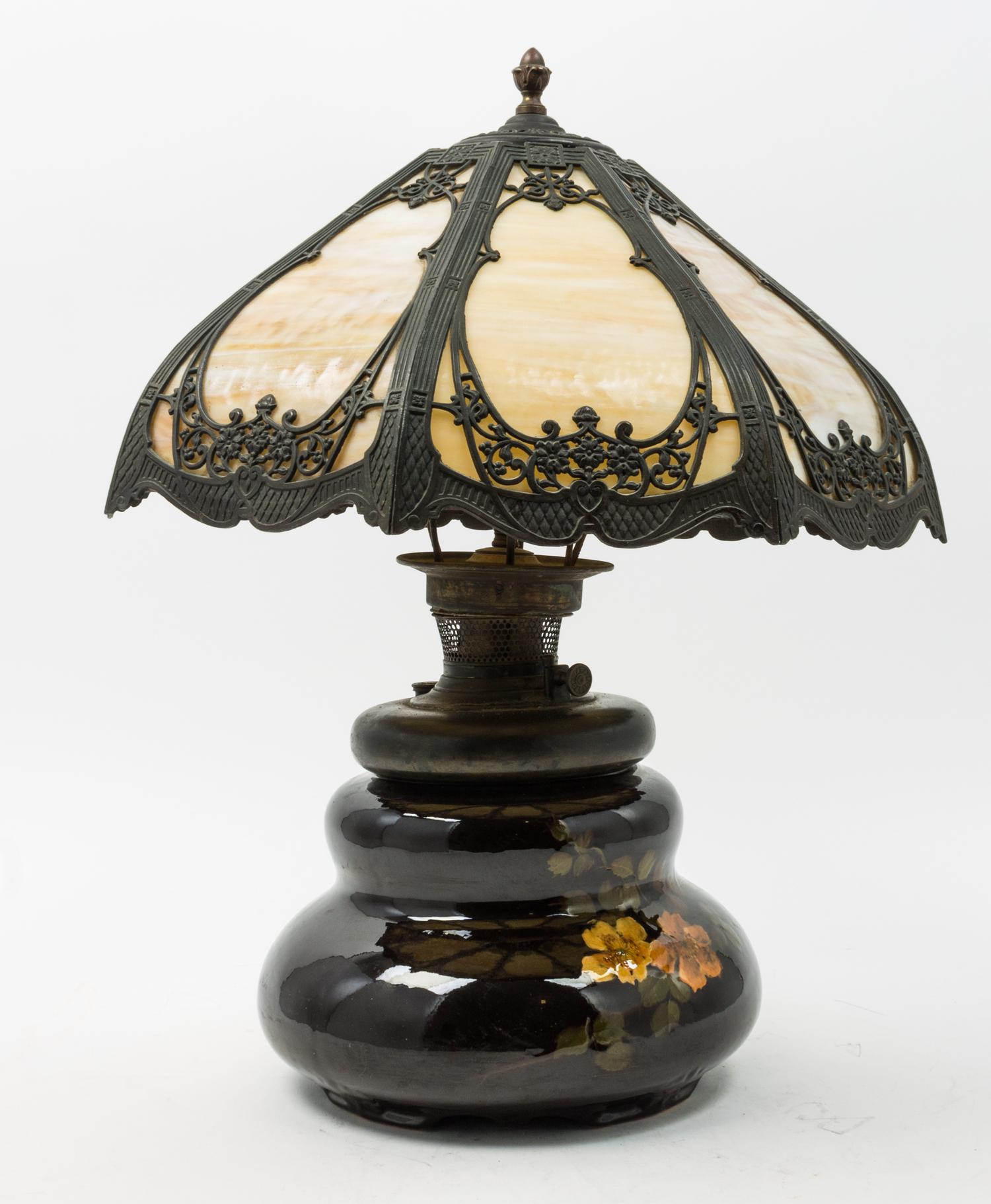 A Weller Pottery Vase Mounted as a Lamp Height 22 x diameter of shade 19 inches. — FIRST HALF 20TH CENTURY