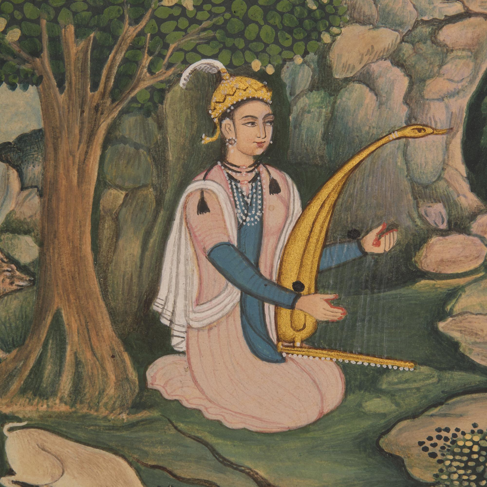 A Fine Painting After the Mogul Folio: King Bahram Gur Sees a Herd of Deer Mesmerized by Dilaram’s Music, North India, 20th Century