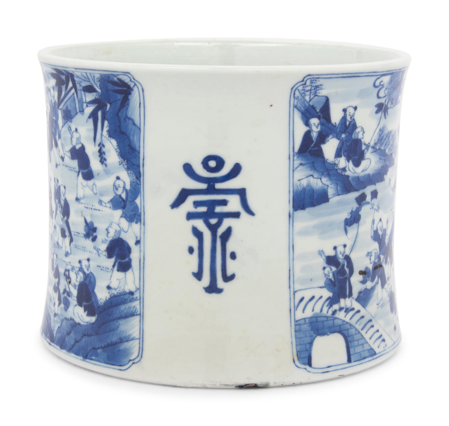 Two Chinese Blue and White Porcelain Brushpots, Bitong