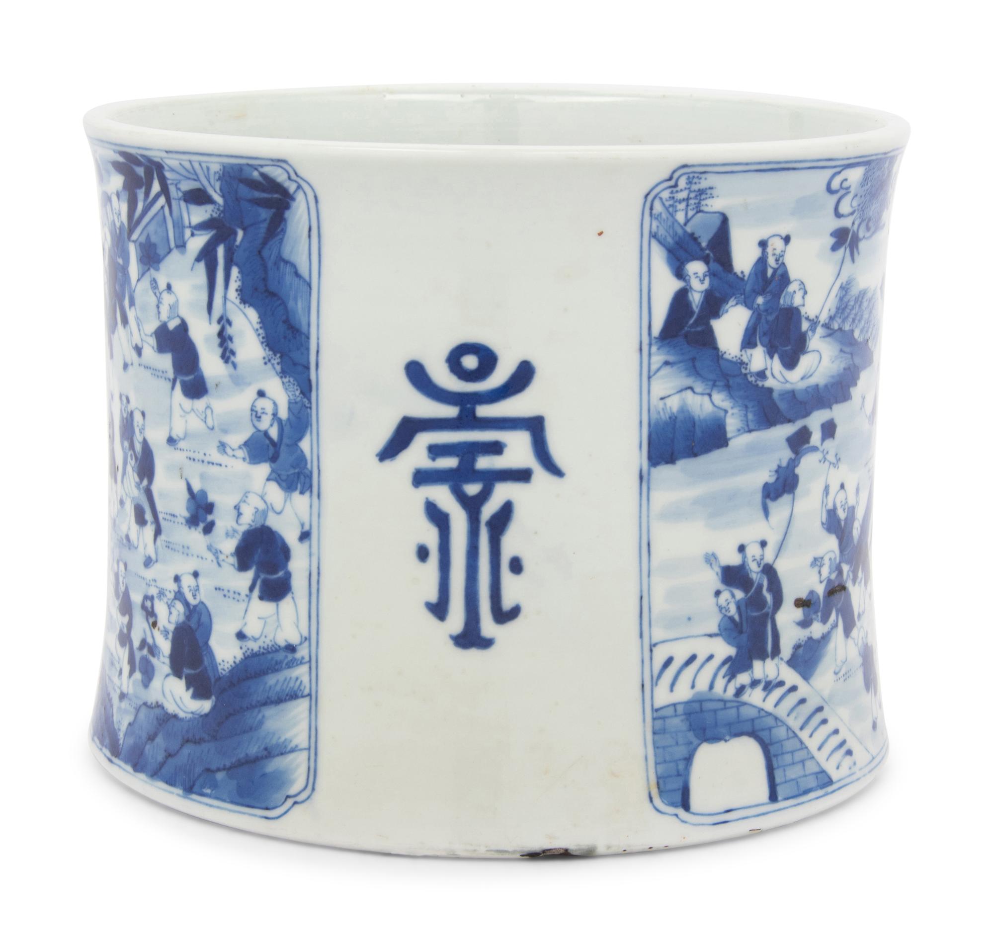 Two Chinese Blue and White Porcelain Brushpots, Bitong
