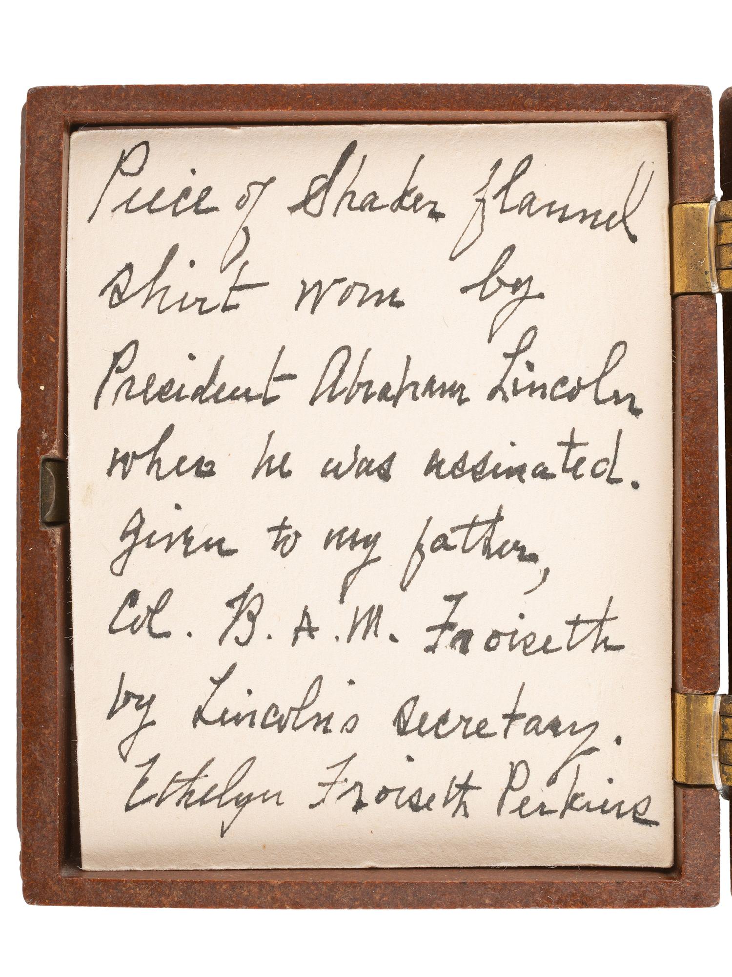 [CIVIL WAR] -- [LINCOLN, Abraham (1809-1865)]. Shirt fragment identified as "worn by President Lincoln when he was assassinated."
