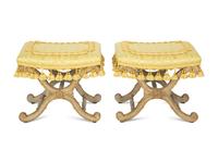 A Pair of Italian Gray-Painted and Parcel Gilt Stools
