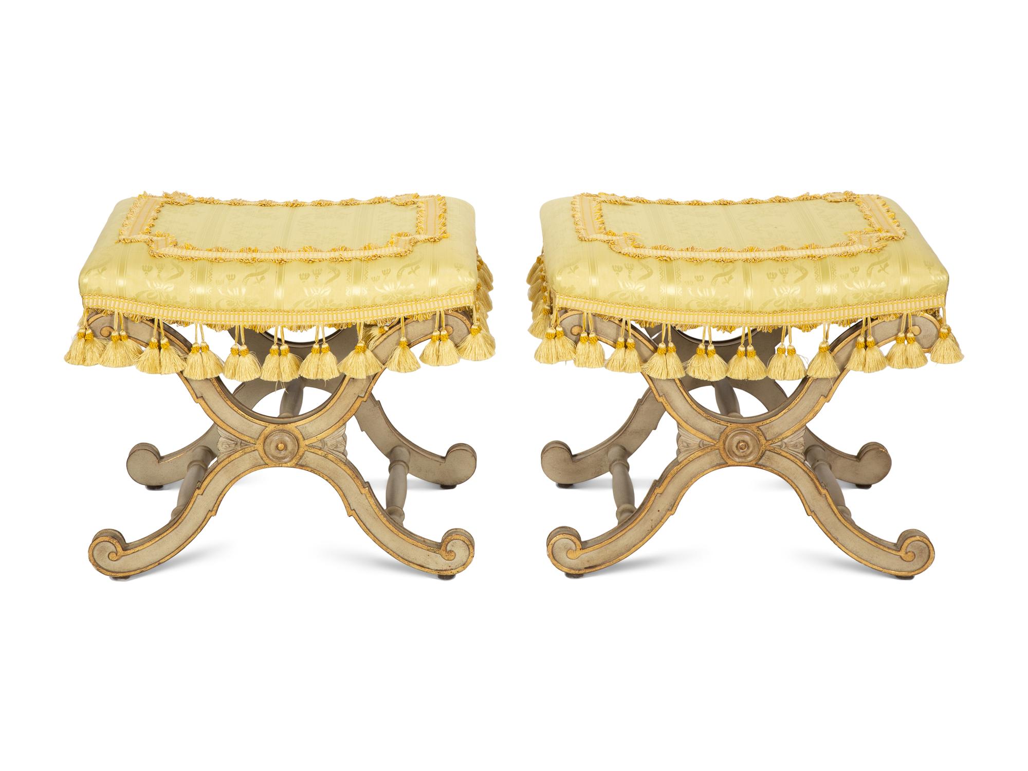 A Pair of Italian Gray-Painted and Parcel Gilt Stools