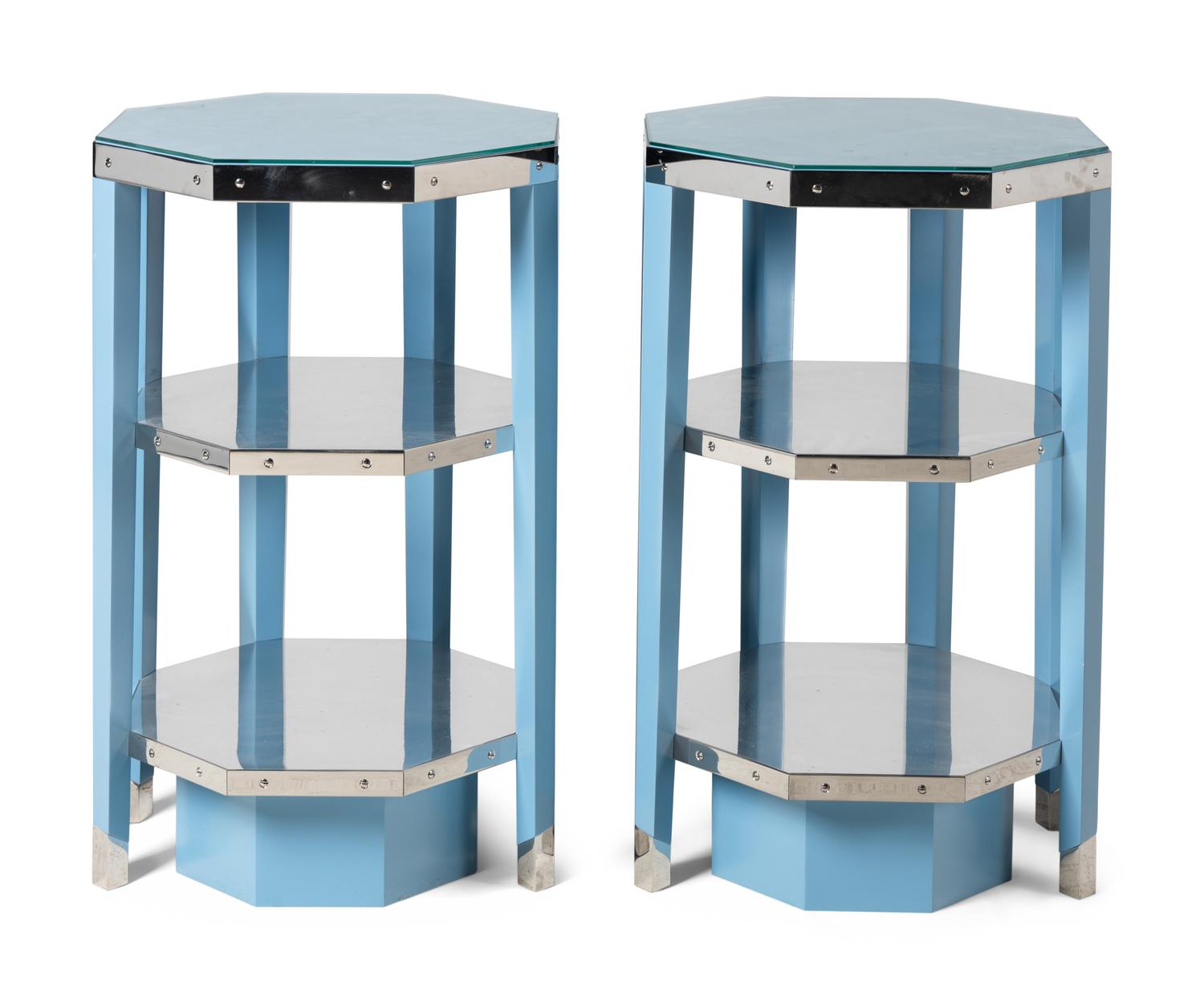 A Pair of Custom Enameled Metal and Glass Side Tables