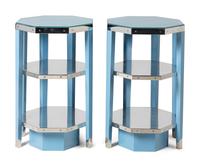 A Pair of Custom Enameled Metal and Glass Side Tables