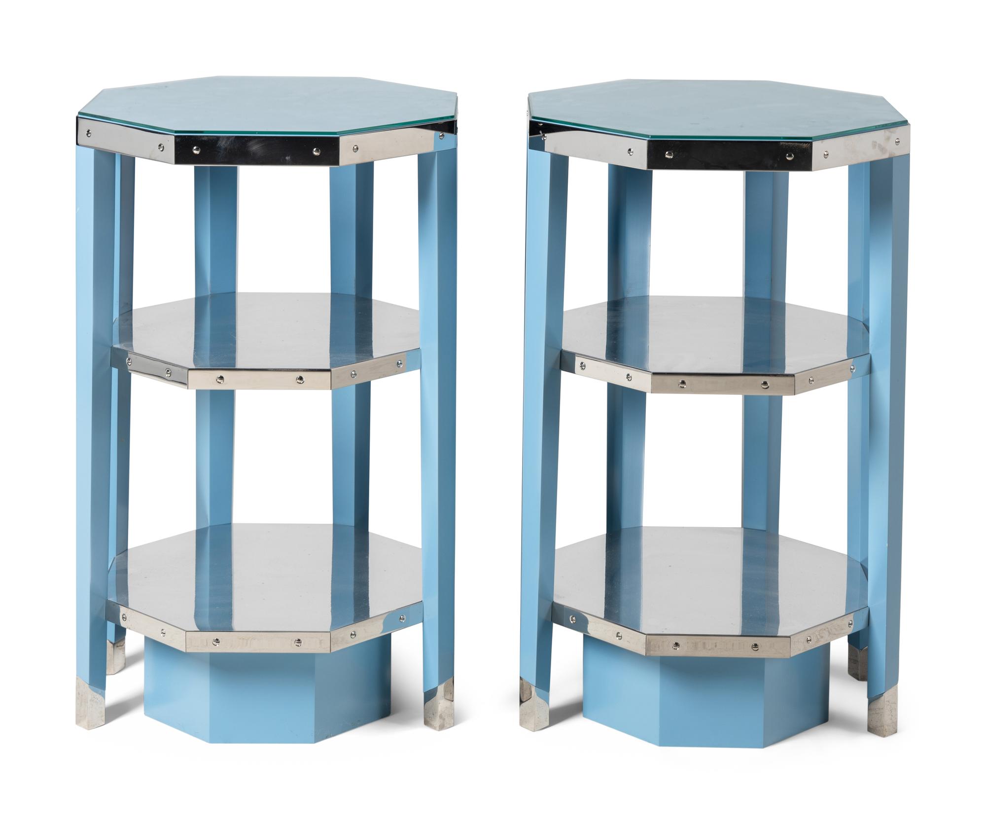 A Pair of Custom Enameled Metal and Glass Side Tables