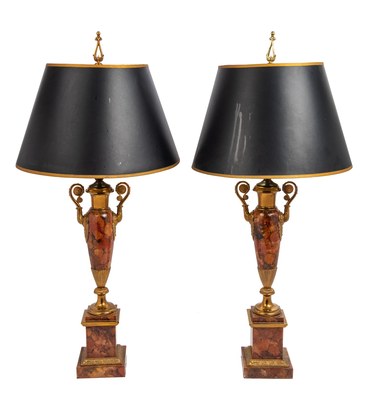 A Pair of Neoclassical Urn-Form Painted Faux Marble Tôle and Gilt Metal Table Lamps