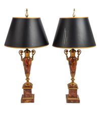 A Pair of Neoclassical Urn-Form Painted Faux Marble Tôle and Gilt Metal Table Lamps
