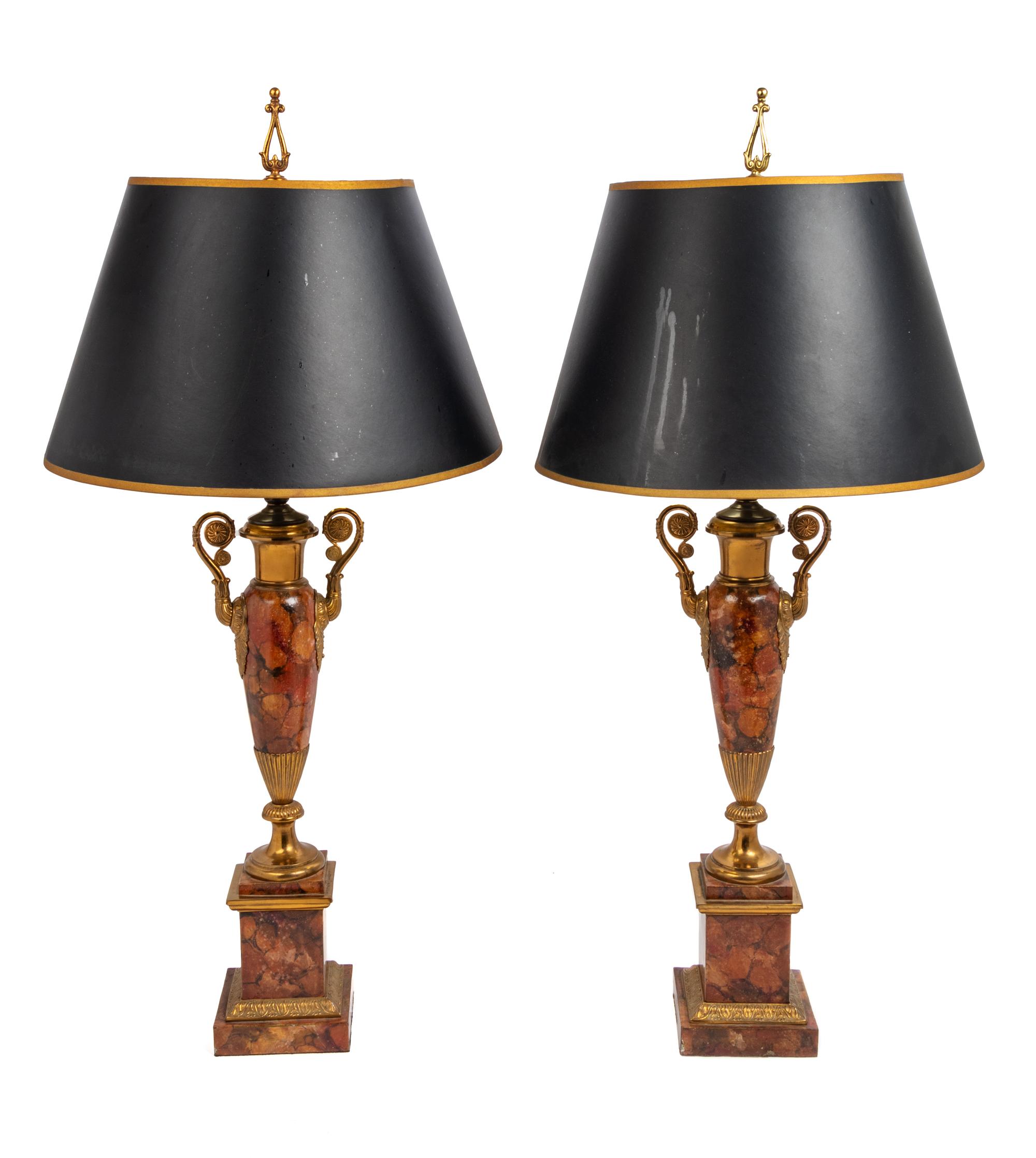 A Pair of Neoclassical Urn-Form Painted Faux Marble Tôle and Gilt Metal Table Lamps