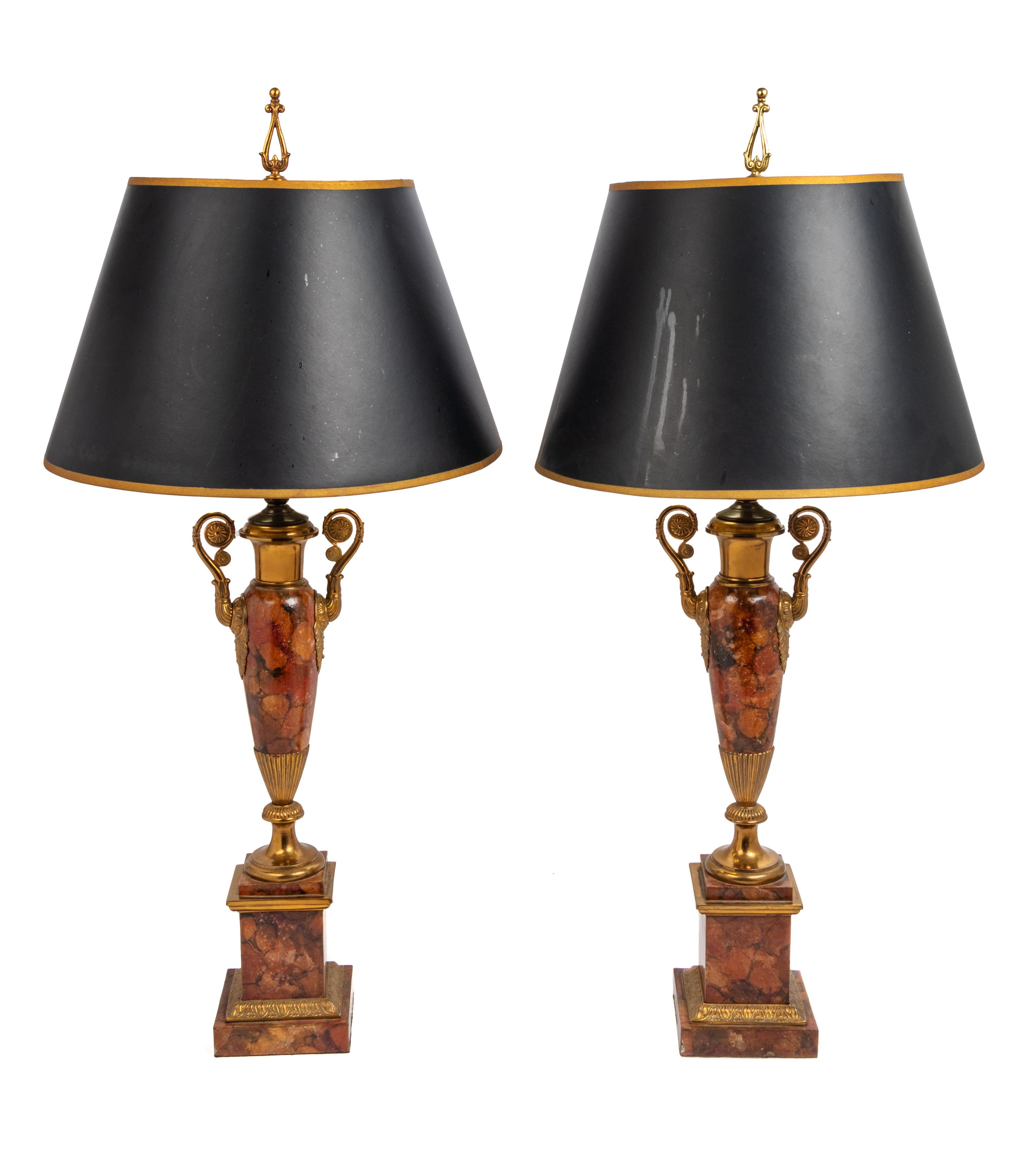 A Pair of Neoclassical Urn-Form Painted Faux Marble Tôle and Gilt Metal Table Lamps