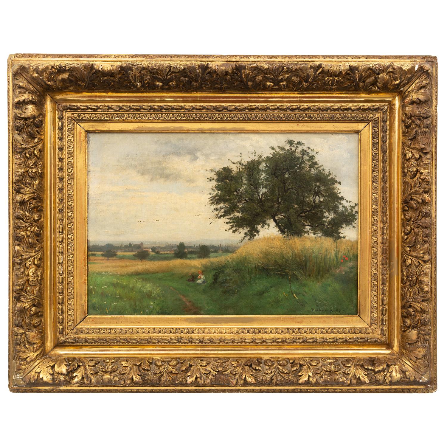 French School 19th century — Landscape with Tree, Kneeling Woman and Dog