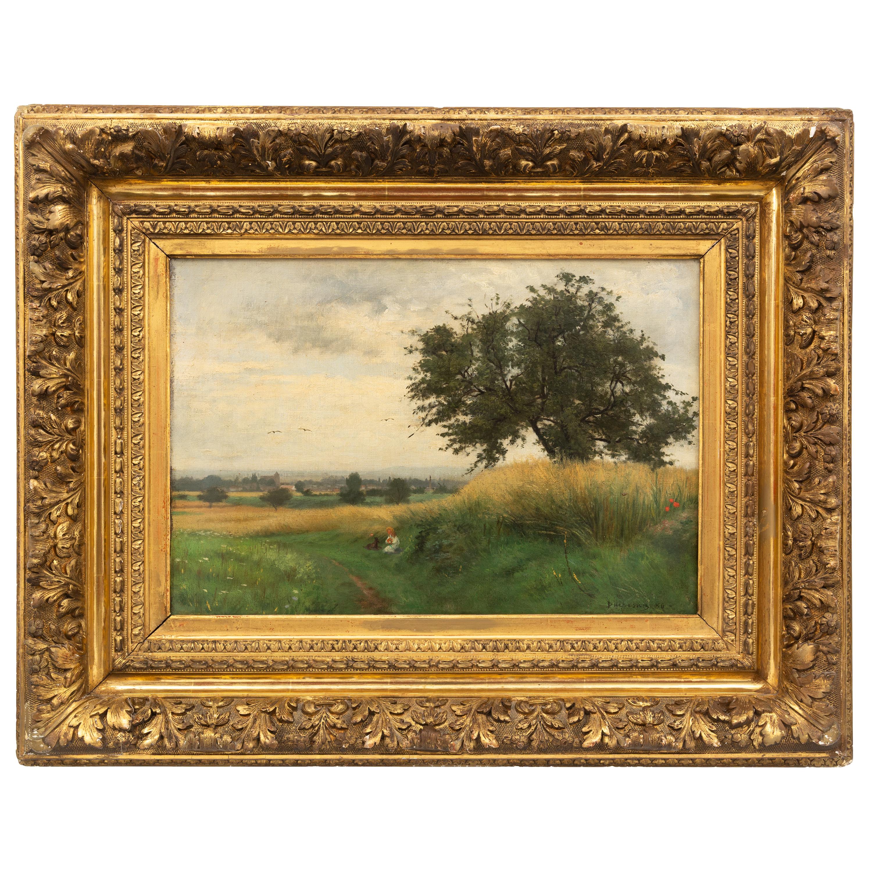 French School 19th century — Landscape with Tree, Kneeling Woman and Dog