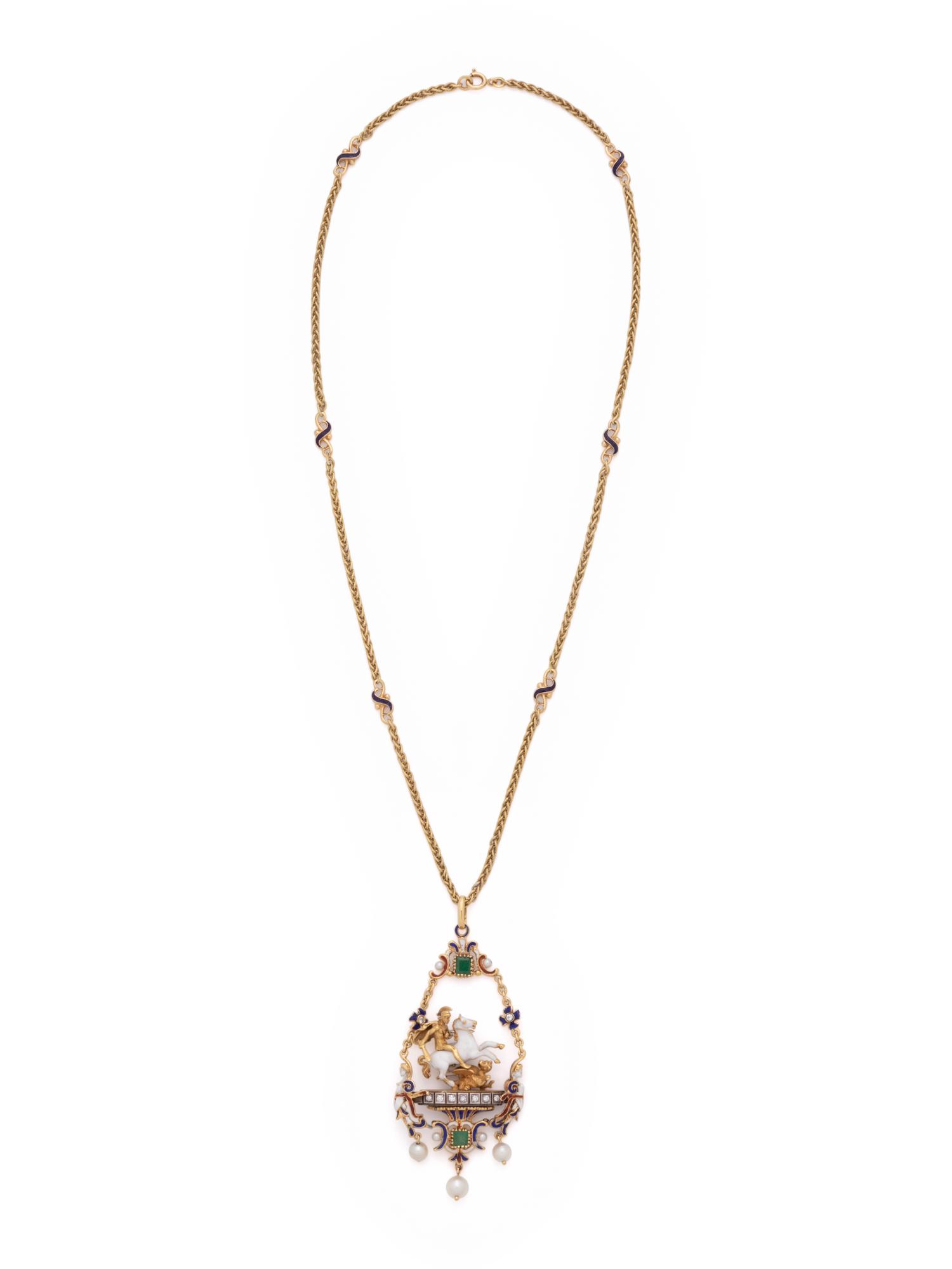 DIAMOND, GEMSTONE AND POLYCHROME ENAMEL 'SAINT GEORGE SLAYING THE DRAGON' PENDANT/NECKLACE
