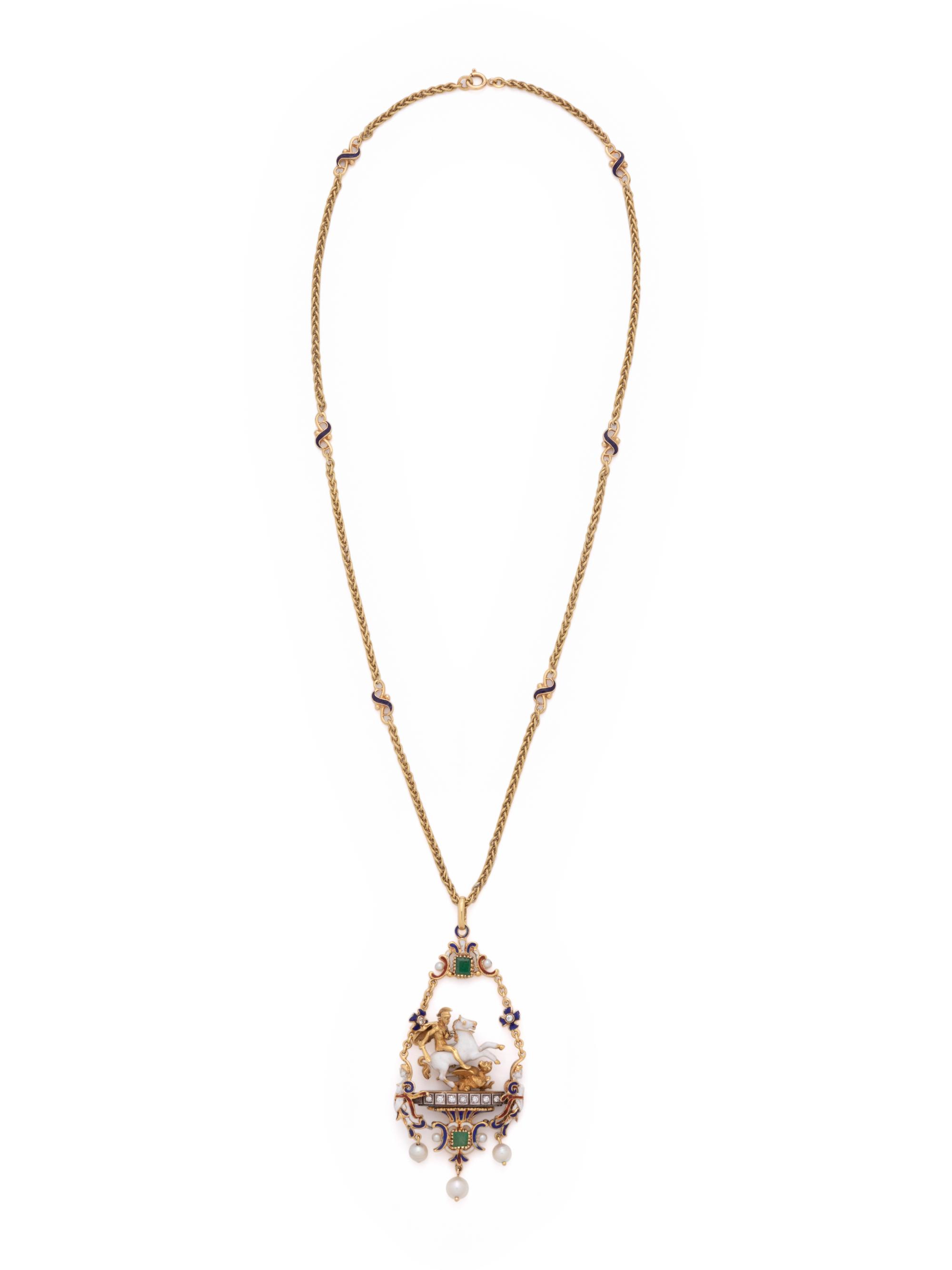 DIAMOND, GEMSTONE AND POLYCHROME ENAMEL 'SAINT GEORGE SLAYING THE DRAGON' PENDANT/NECKLACE
