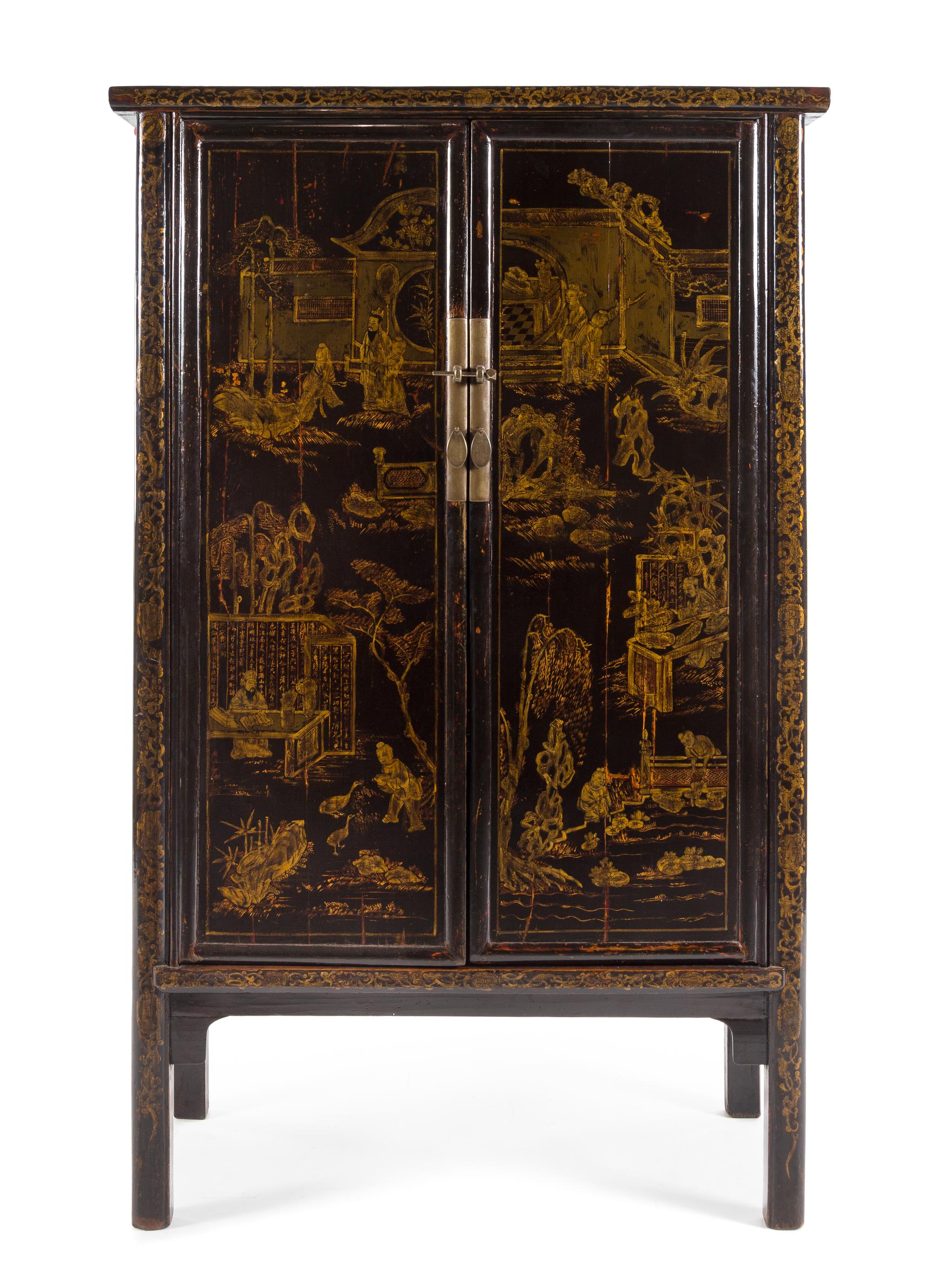 A Pair of Chinese Export Lacquered Cabinets Height 78 3/4 x width 46 1/4 x depth 20 1/2 inches. — 20TH CENTURY