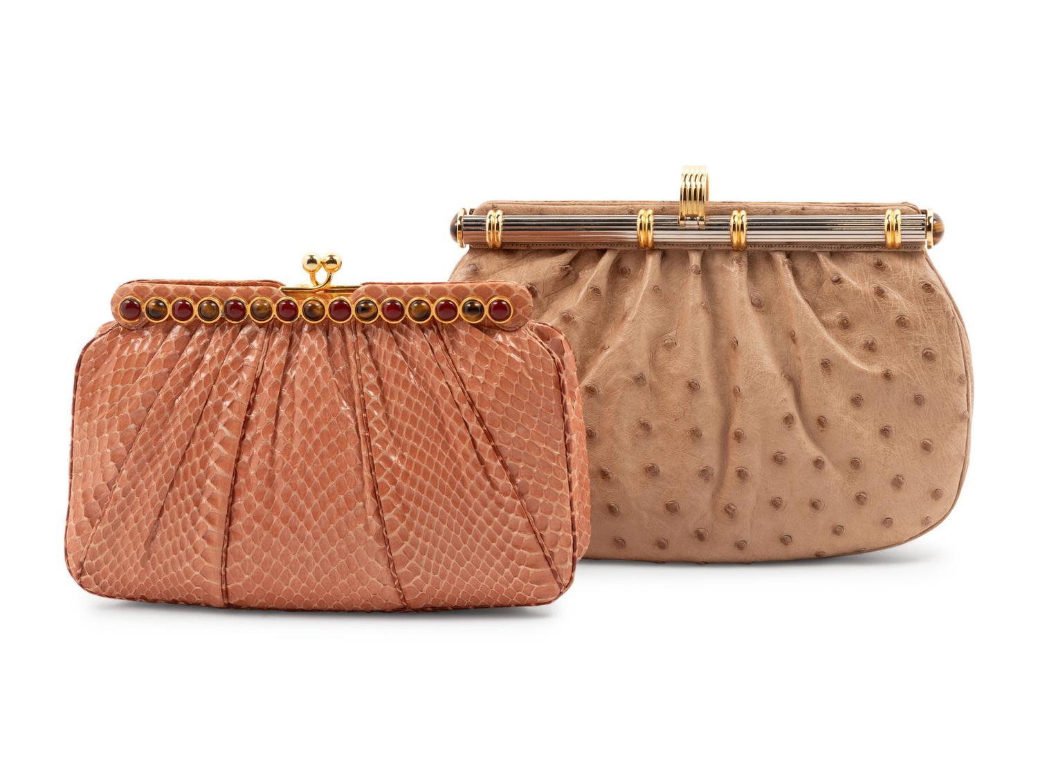 Two Judith Leiber Pouch Fame Bags; One Ostrich, One Snakeskin