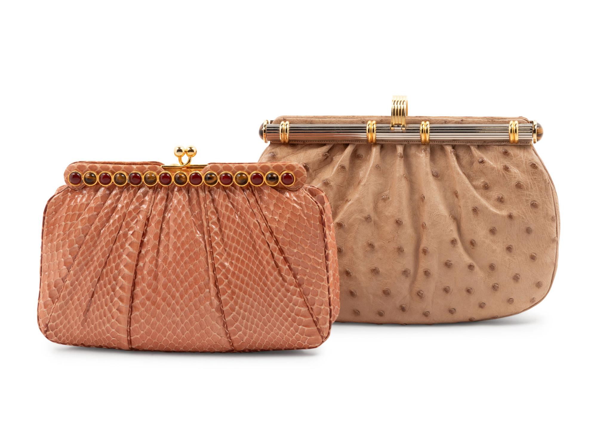Two Judith Leiber Pouch Fame Bags; One Ostrich, One Snakeskin