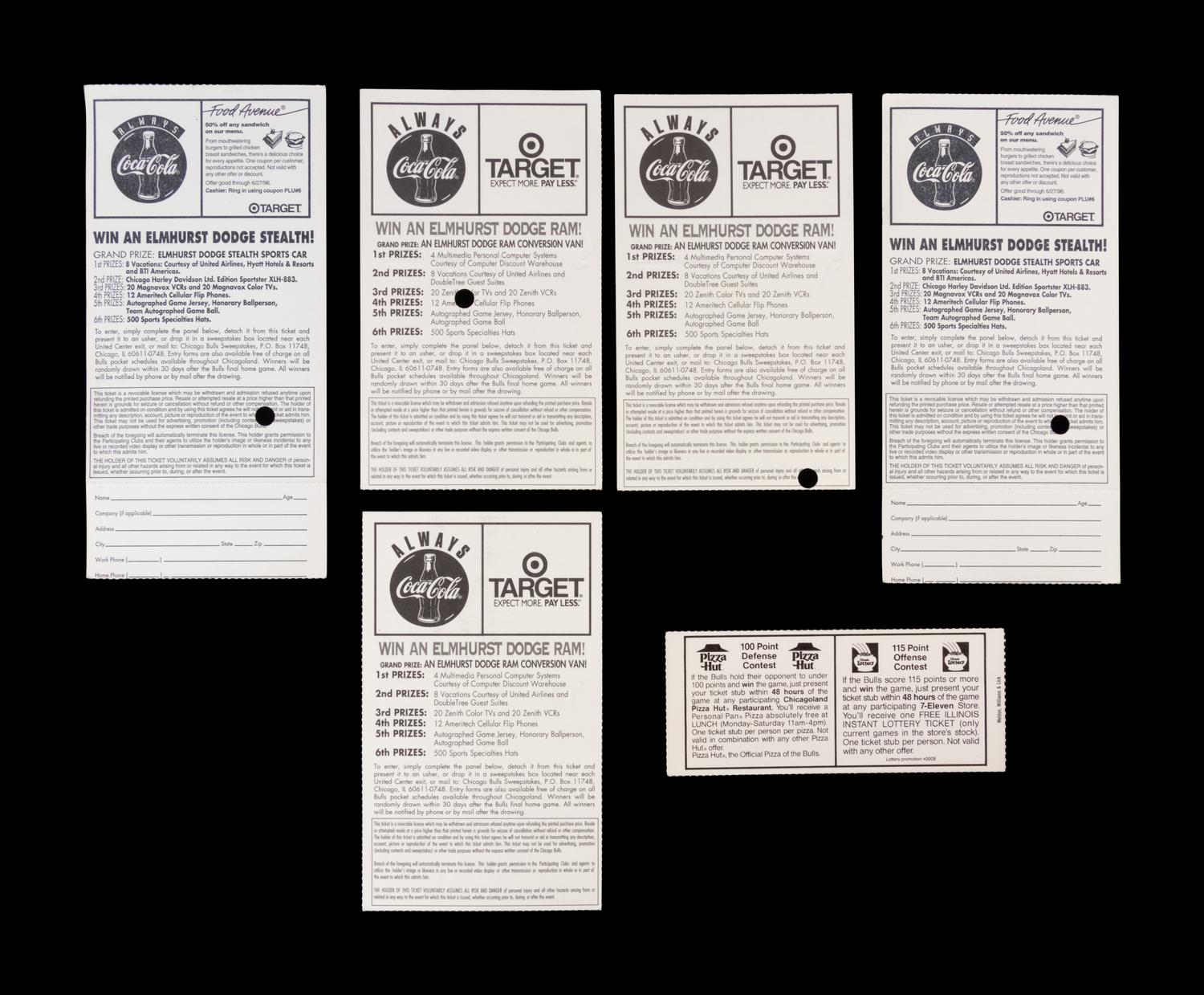 A Group of Six Michael Jordan Chicago Bulls Playoffs and NBA Finals "Last Dance" Era Ticket Stubs including "The Shrug" game from 1992 Finals,