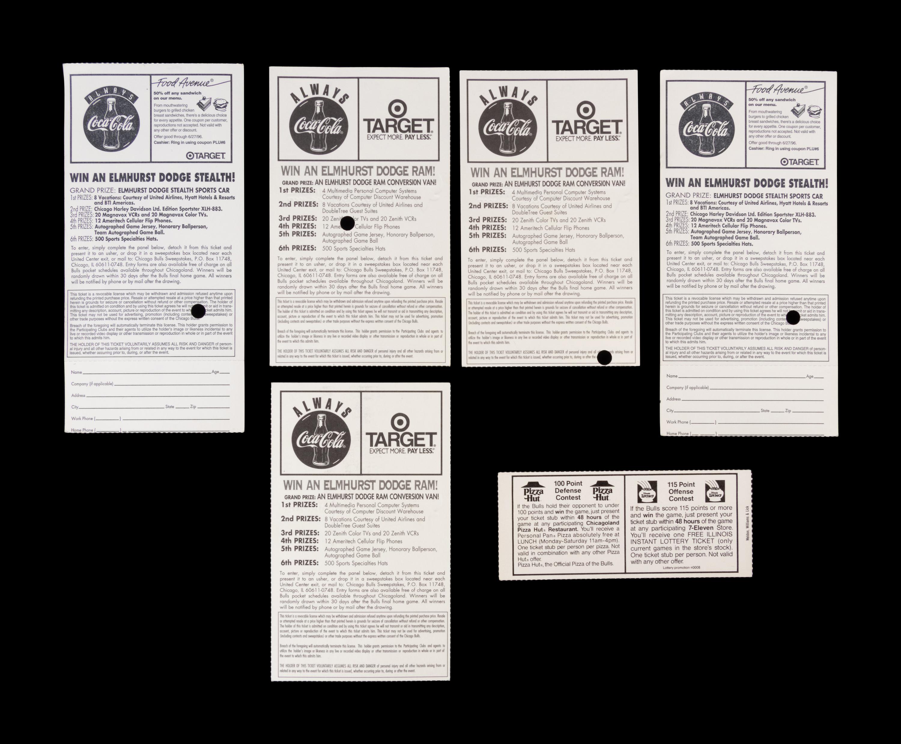 A Group of Six Michael Jordan Chicago Bulls Playoffs and NBA Finals "Last Dance" Era Ticket Stubs including "The Shrug" game from 1992 Finals,
