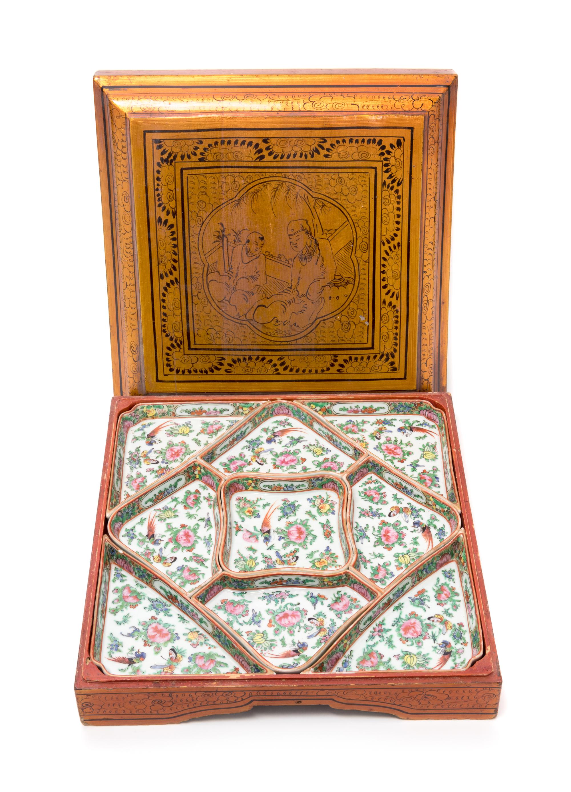 A Set of Nine Chinese Export Rose Canton Porcelain Sweetmeat Dishes Height of box 4 1/8 x width 13 1/4 x depth 13 1/4 inches. — LATE 19TH/EARLY 20TH CENTURY