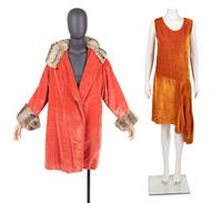 Two Velvet Pieces: One Coat Trimmed in Fur, One Velvet Dress, 1920s