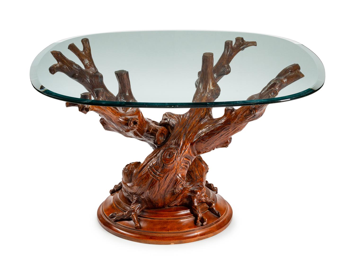 An Italian Grotto Style Carved Walnut Tree Trunk-Form Table Base with Glass Top
